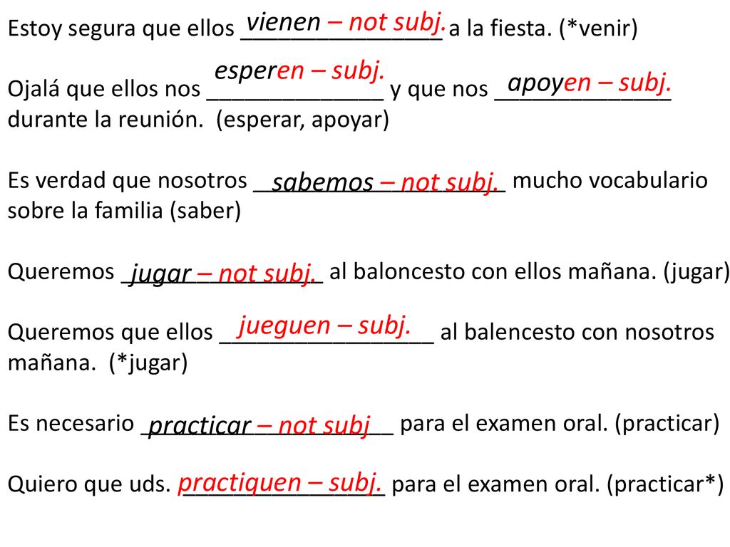 vienen – not subj. esperen – subj. apoyen – subj. sabemos – not subj.