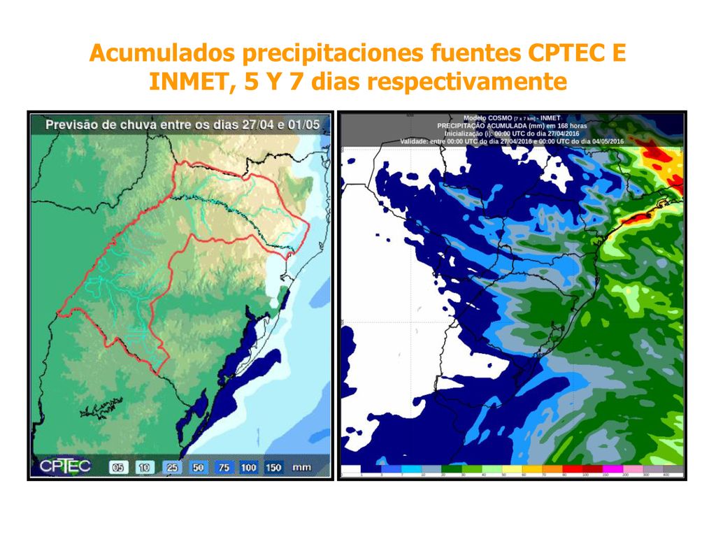 Acumulados precipitaciones fuentes CPTEC E INMET, 5 Y 7 dias respectivamente