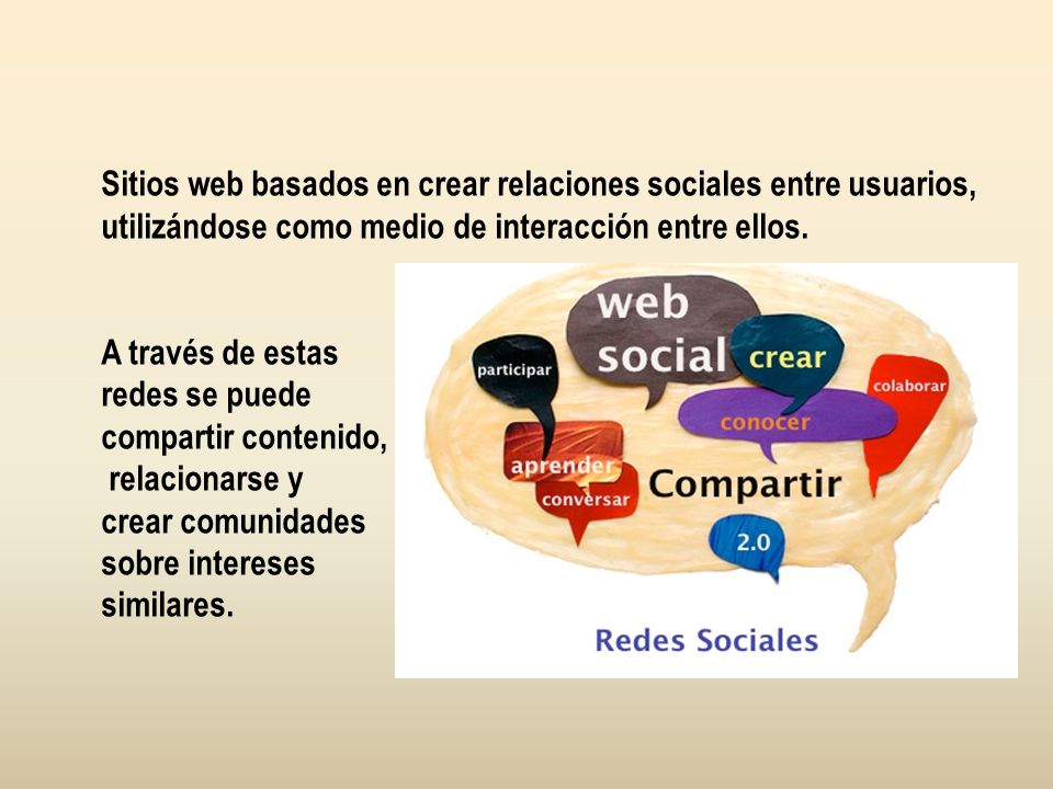 Sitios web basados en crear relaciones sociales entre usuarios, utilizándose como medio de interacción entre ellos.