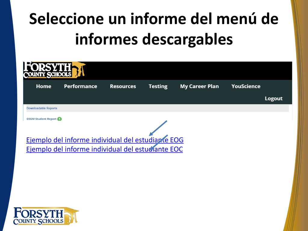 Seleccione un informe del menú de informes descargables