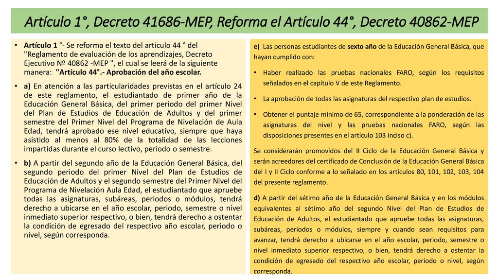 Artículo 1°, Decreto MEP, Reforma el Artículo 44°, Decreto MEP