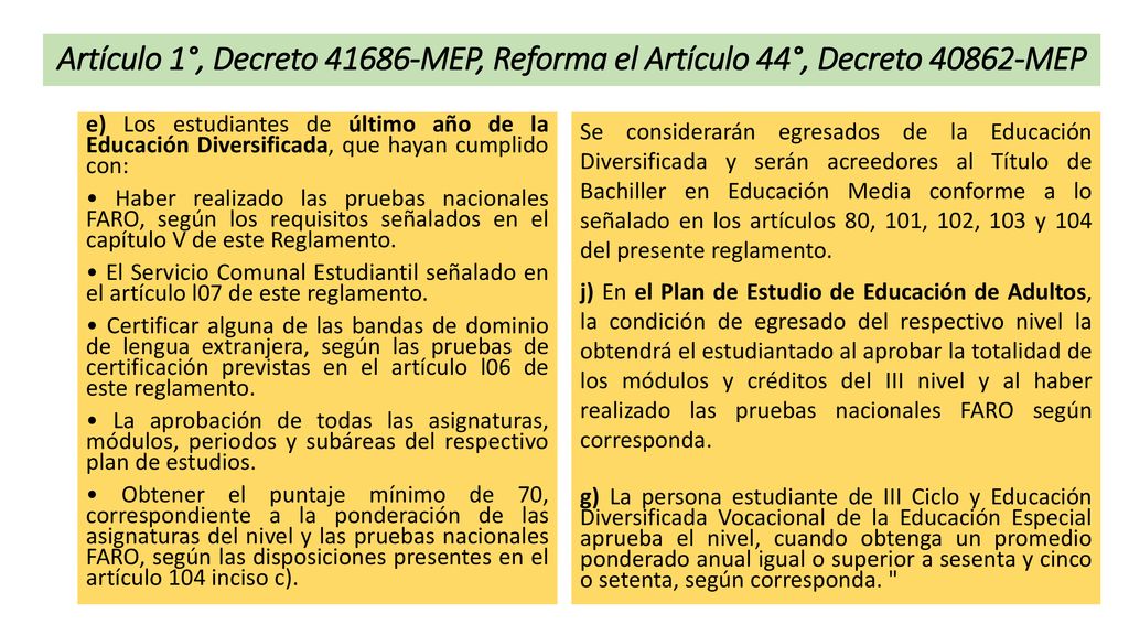 Artículo 1°, Decreto MEP, Reforma el Artículo 44°, Decreto MEP