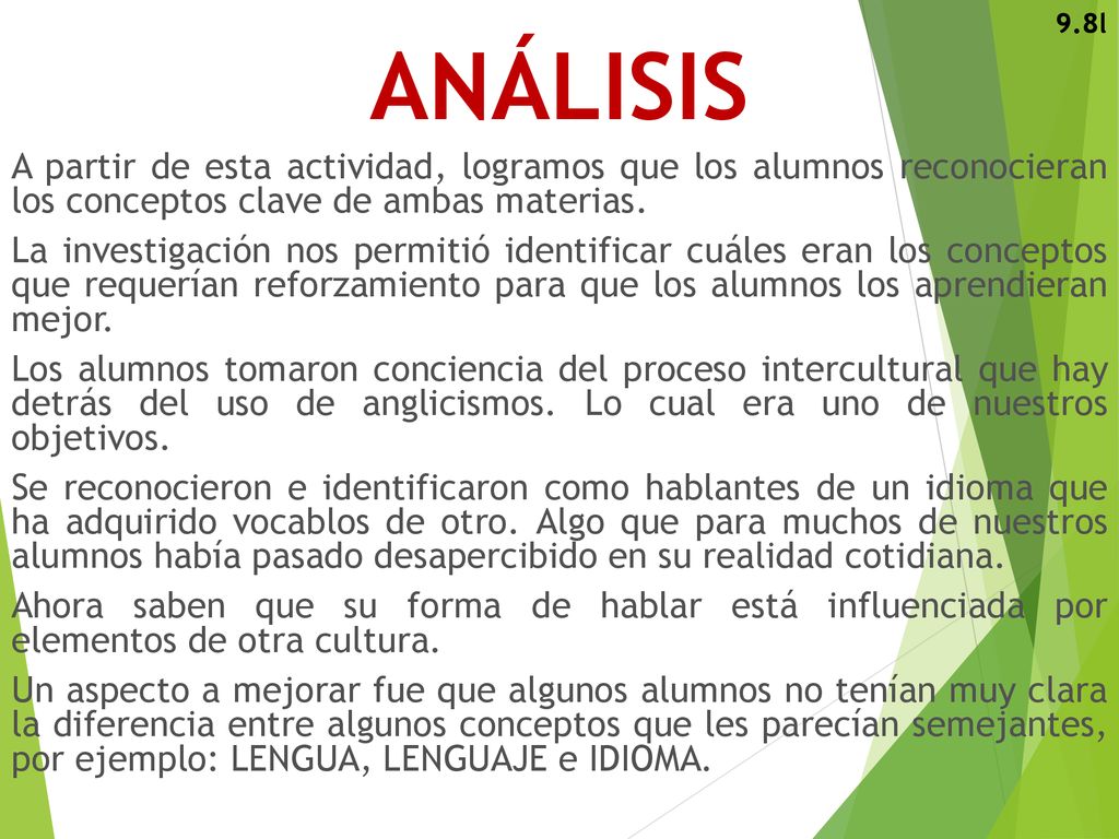 9.8l ANÁLISIS. A partir de esta actividad, logramos que los alumnos reconocieran los conceptos clave de ambas materias.