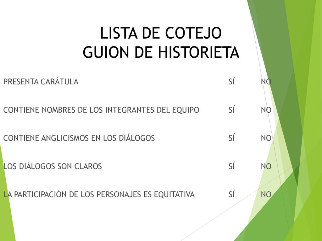LISTA DE COTEJO GUION DE HISTORIETA