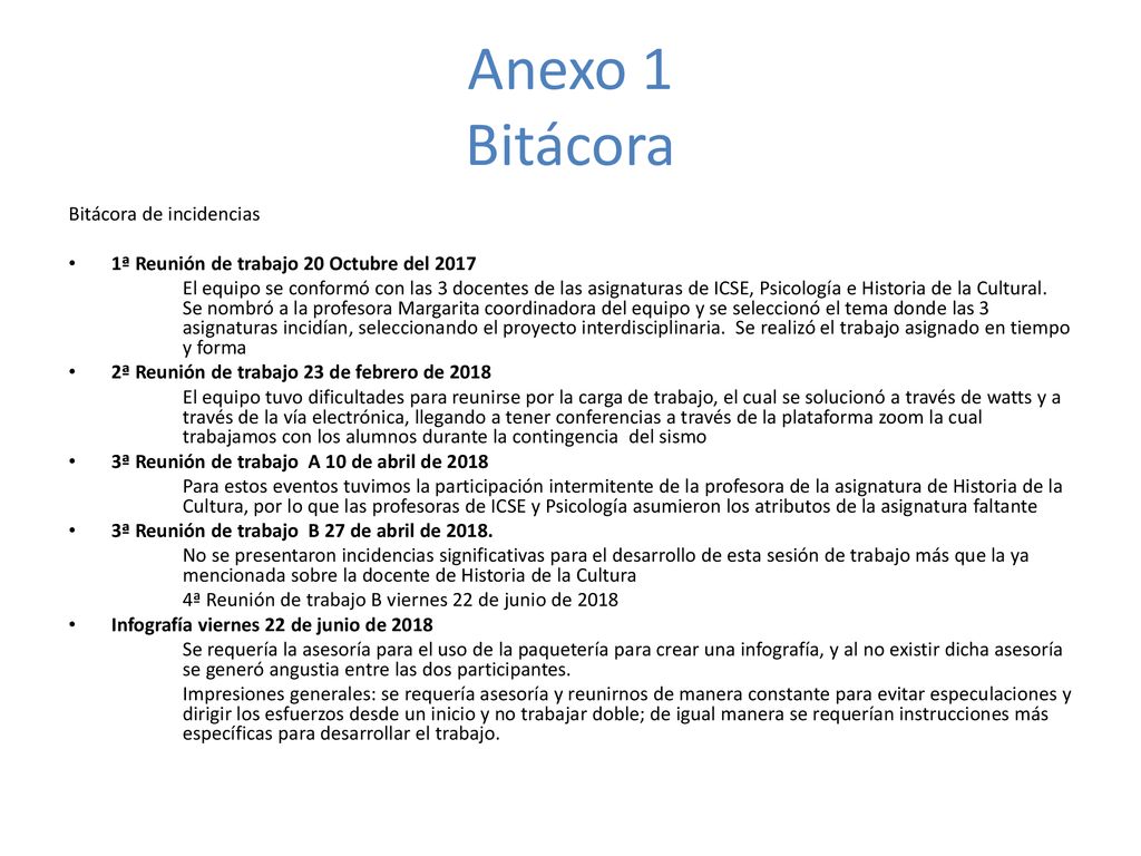 Anexo 1 Bitácora Bitácora de incidencias