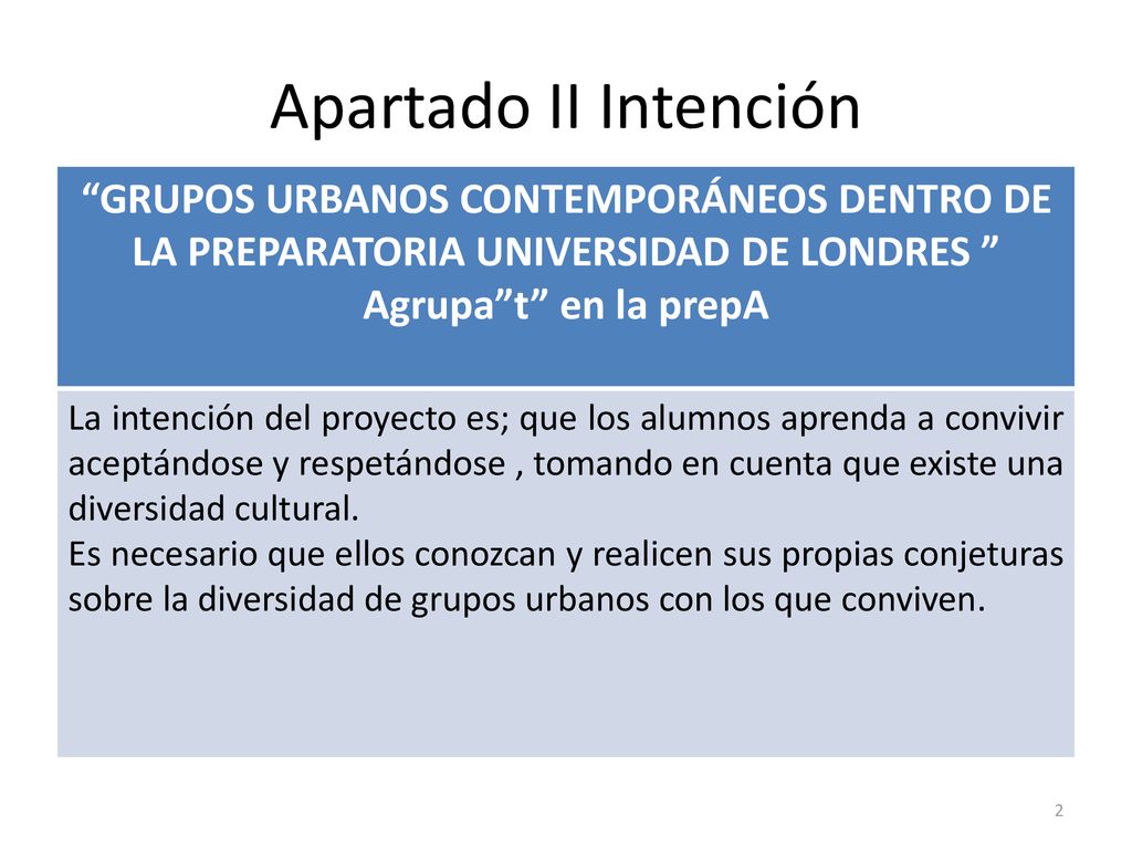 Apartado II Intención GRUPOS URBANOS CONTEMPORÁNEOS DENTRO DE LA PREPARATORIA UNIVERSIDAD DE LONDRES