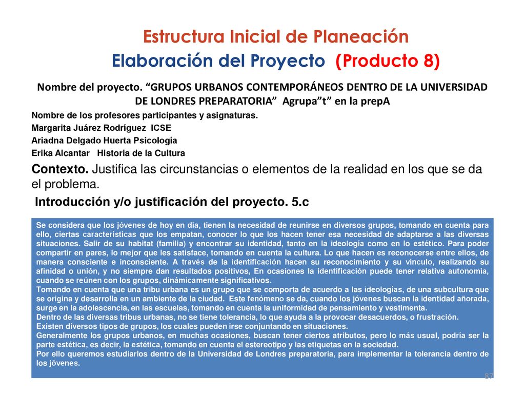 Estructura Inicial de Planeación Elaboración del Proyecto (Producto 8)