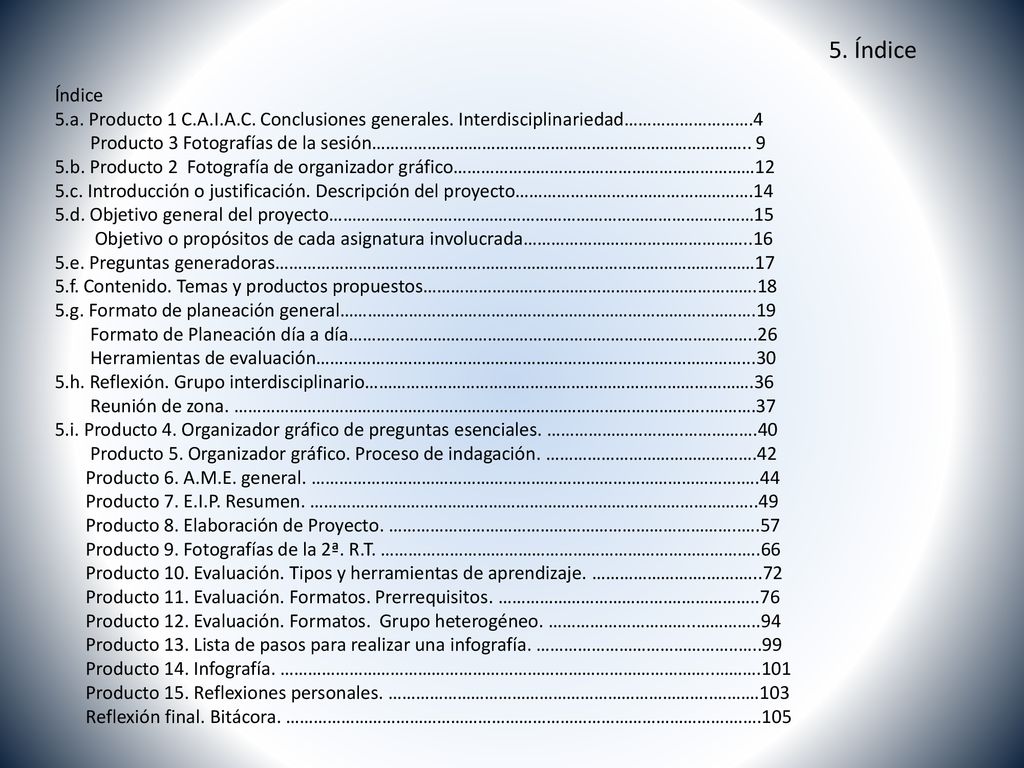5. Índice Índice. 5.a. Producto 1 C.A.I.A.C. Conclusiones generales. Interdisciplinariedad……………………….4.