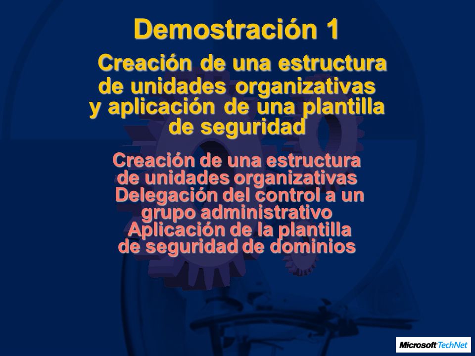 Demostración 1 Creación de una estructura de unidades organizativas y aplicación de una plantilla de seguridad Creación de una estructura de unidades organizativas Delegación del control a un grupo administrativo Aplicación de la plantilla de seguridad de dominios