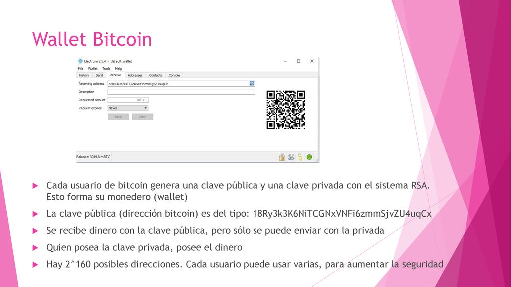 Wallet Bitcoin Cada usuario de bitcoin genera una clave pública y una clave privada con el sistema RSA. Esto forma su monedero (wallet)