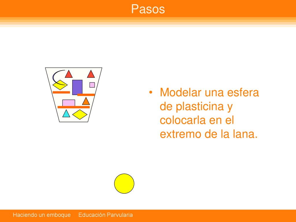Pasos Modelar una esfera de plasticina y colocarla en el extremo de la lana.