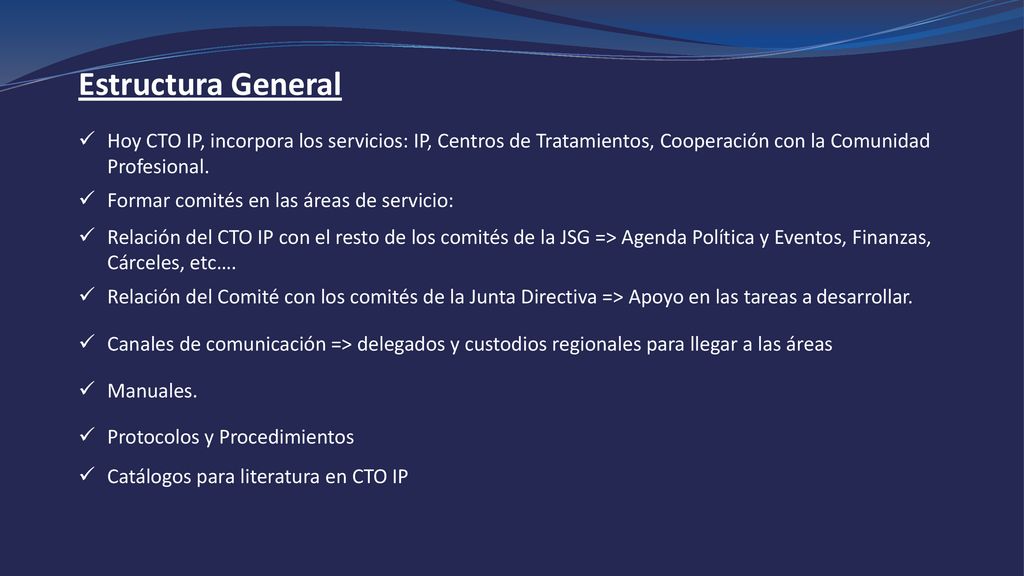 Estructura General Hoy CTO IP, incorpora los servicios: IP, Centros de Tratamientos, Cooperación con la Comunidad Profesional.