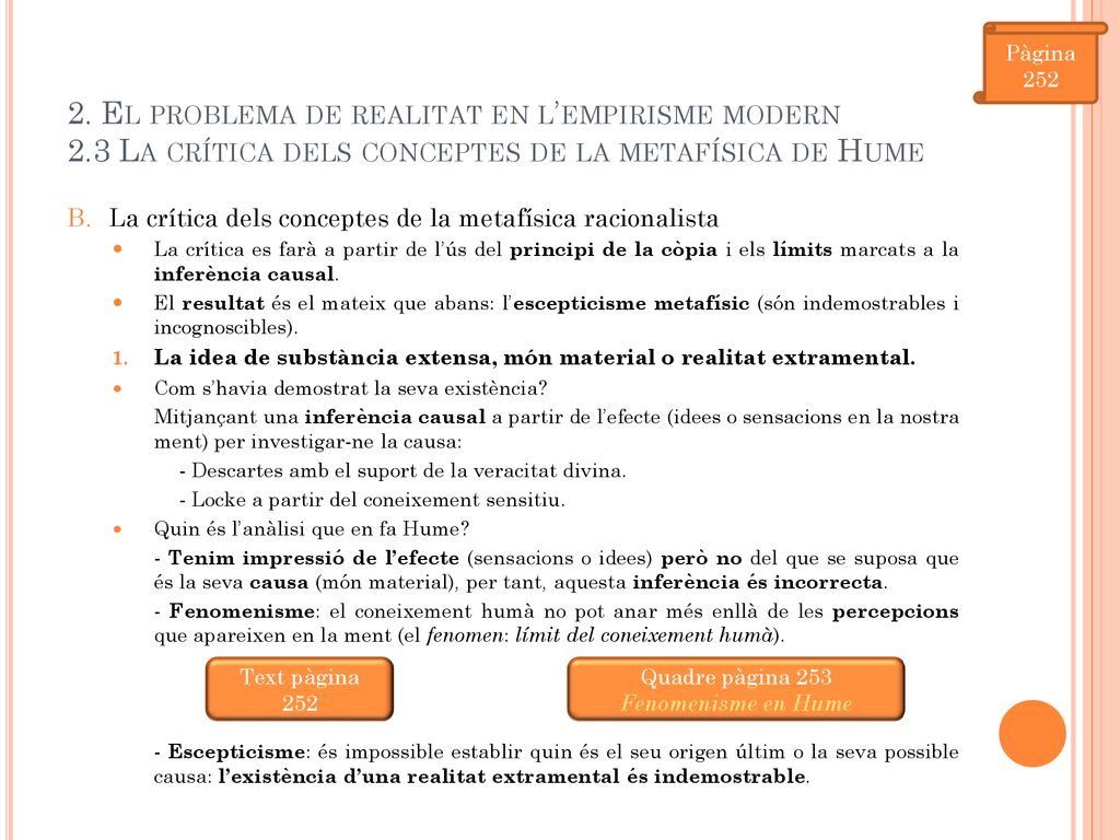 Pàgina El problema de realitat en l’empirisme modern 2.3 La crítica dels conceptes de la metafísica de Hume.