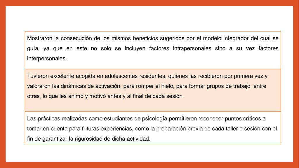 Mostraron la consecución de los mismos beneficios sugeridos por el modelo integrador del cual se guía, ya que en este no solo se incluyen factores intrapersonales sino a su vez factores interpersonales.