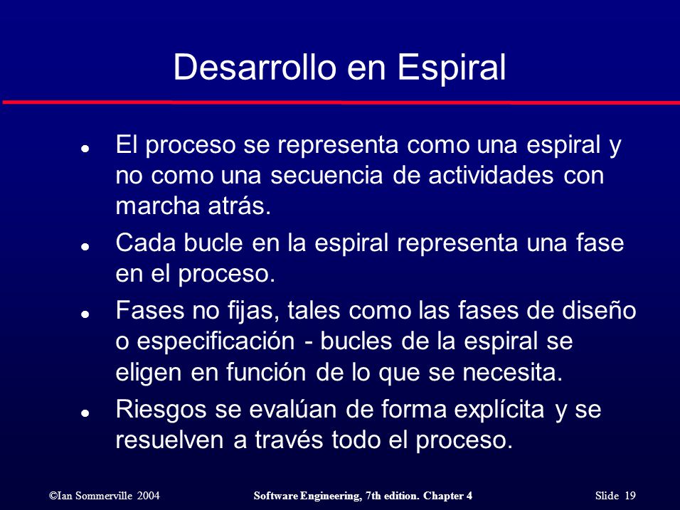 Desarrollo en Espiral El proceso se representa como una espiral y no como una secuencia de actividades con marcha atrás.