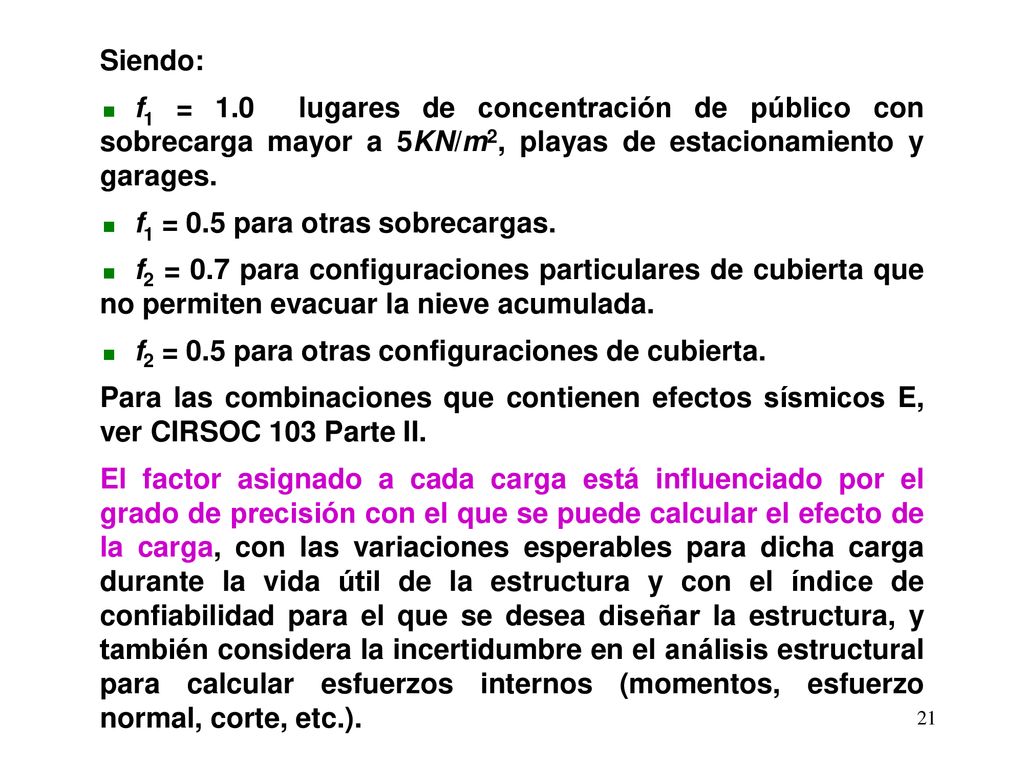 Siendo: f1 = 1.0 lugares de concentración de público con sobrecarga mayor a 5KN/m2, playas de estacionamiento y garages.