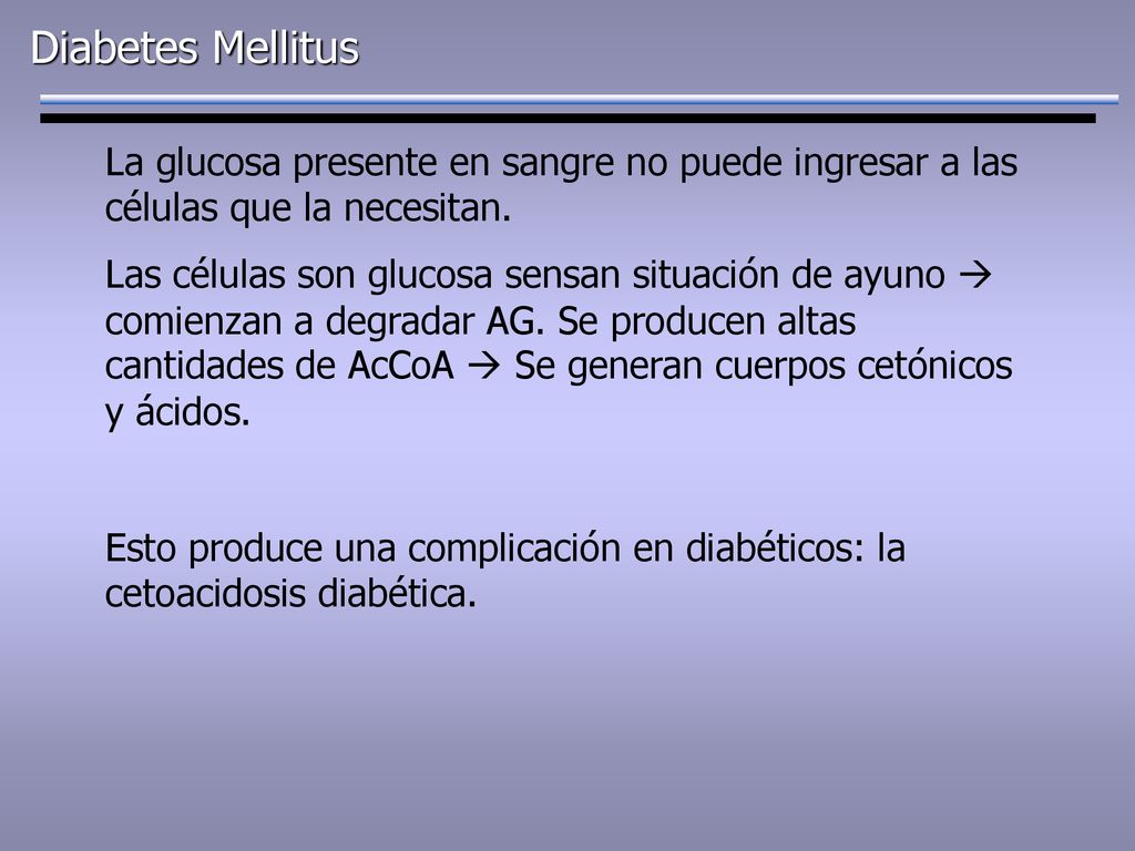 Diabetes Mellitus La glucosa presente en sangre no puede ingresar a las células que la necesitan.