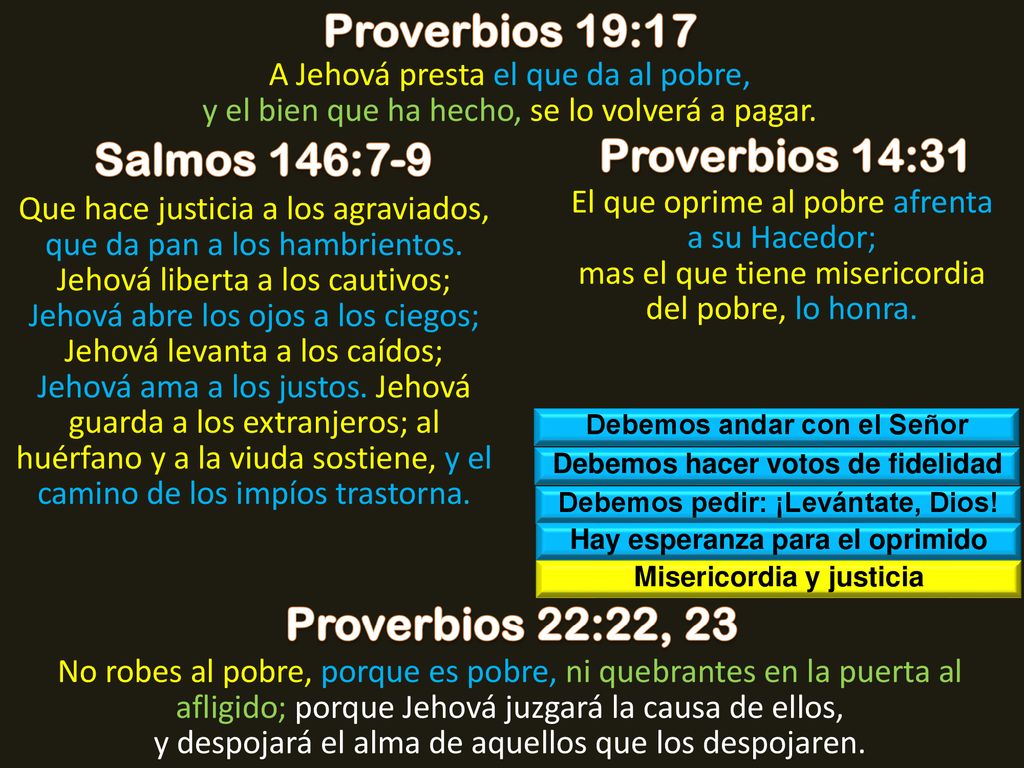 Proverbios 19:17 Salmos 146:7-9 Proverbios 14:31 Proverbios 22:22, 23