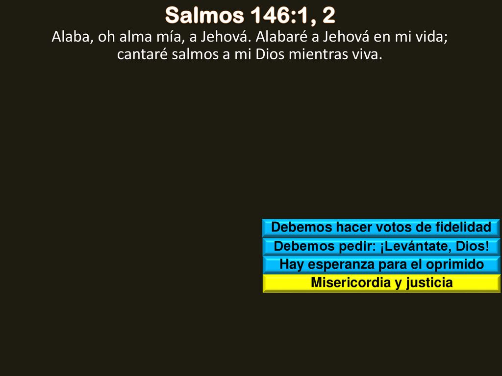Salmos 146:1, 2 Alaba, oh alma mía, a Jehová. Alabaré a Jehová en mi vida; cantaré salmos a mi Dios mientras viva.