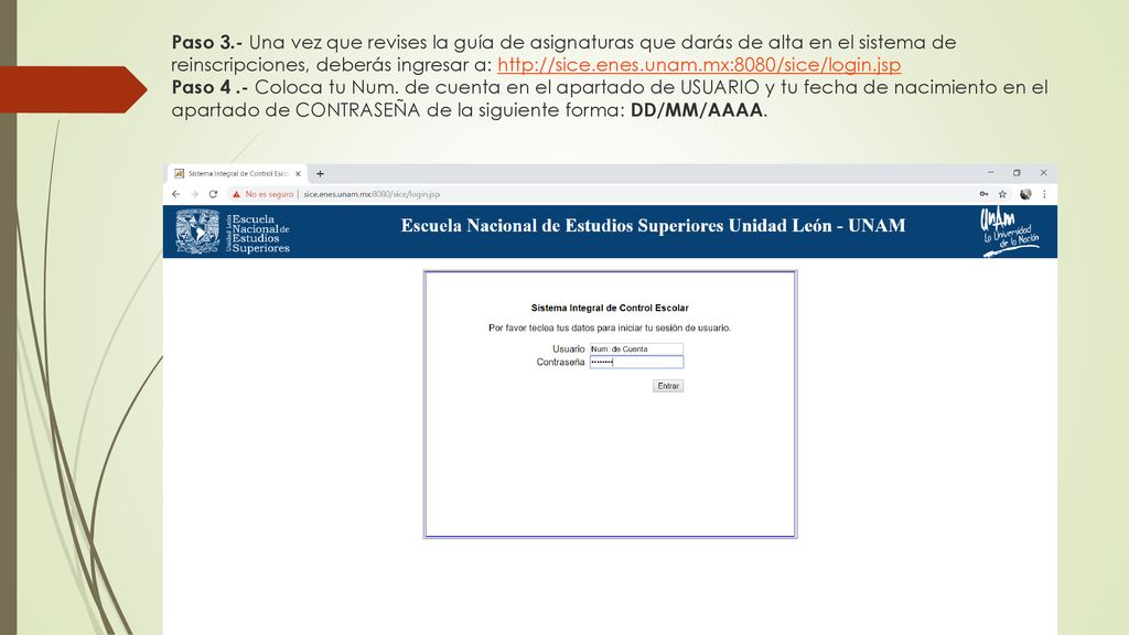 Paso 3.- Una vez que revises la guía de asignaturas que darás de alta en el sistema de reinscripciones, deberás ingresar a:   Paso 4 .- Coloca tu Num.