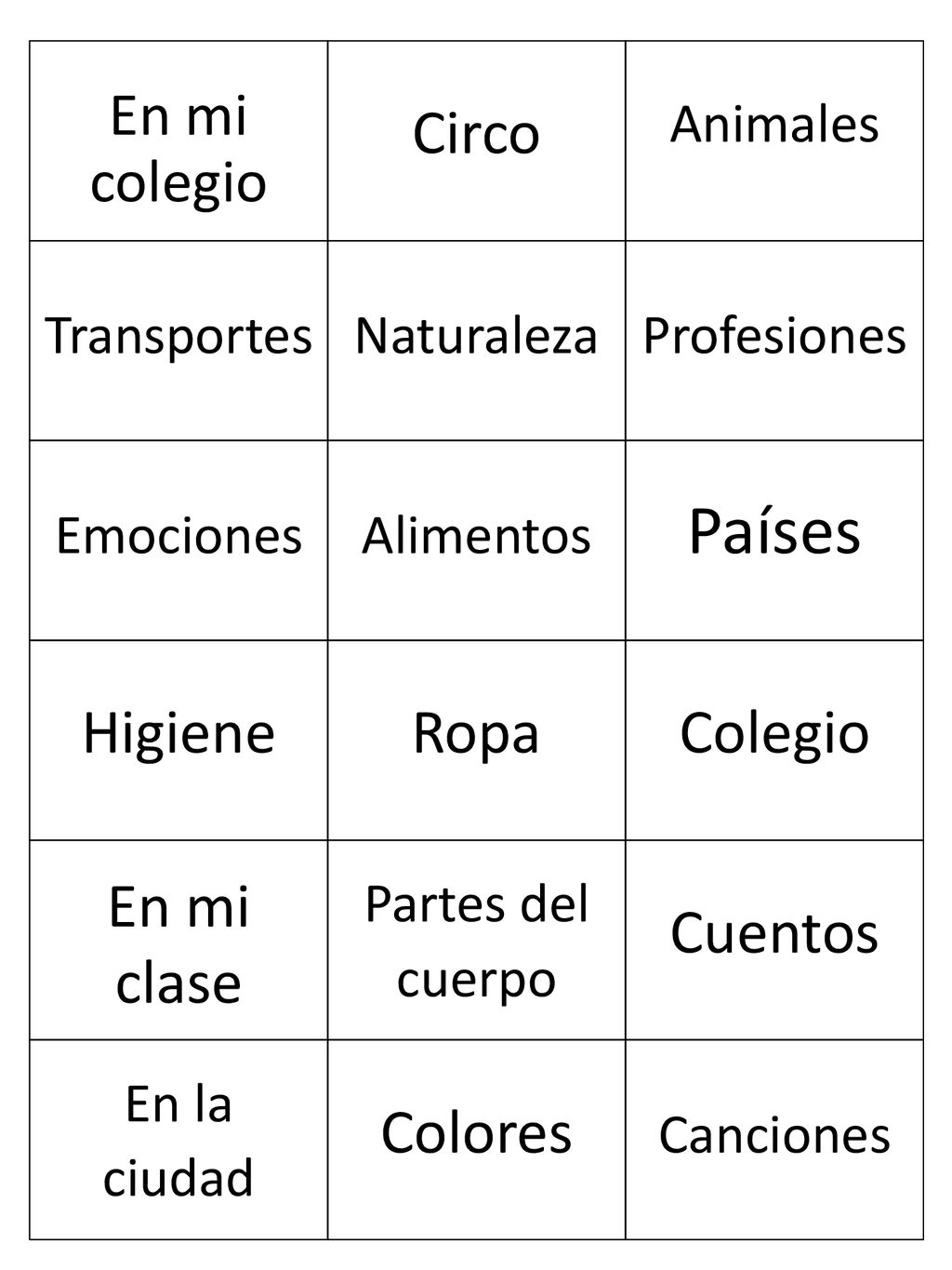 Países Circo Higiene Ropa Colegio En mi clase Cuentos Colores
