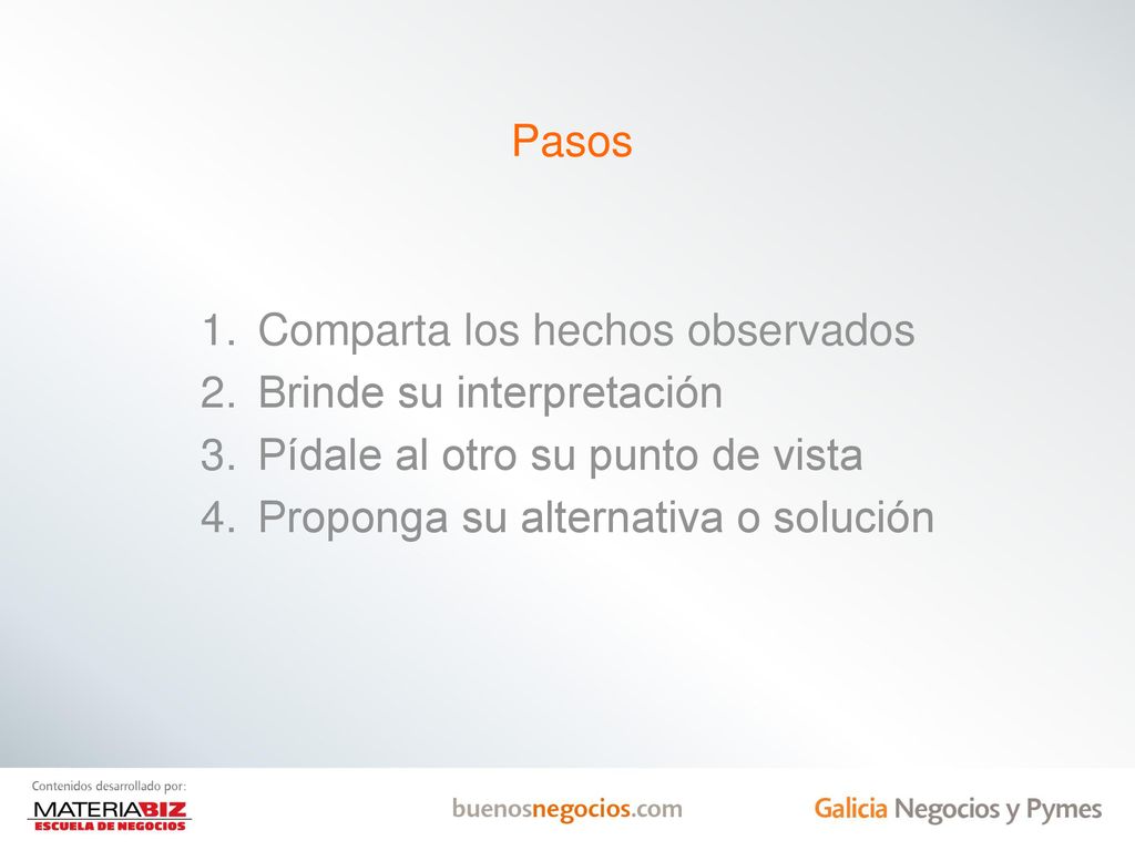 Pasos Comparta los hechos observados. Brinde su interpretación. Pídale al otro su punto de vista.
