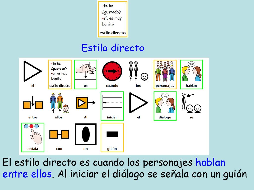 Estilo directo El estilo directo es cuando los personajes hablan entre ellos.