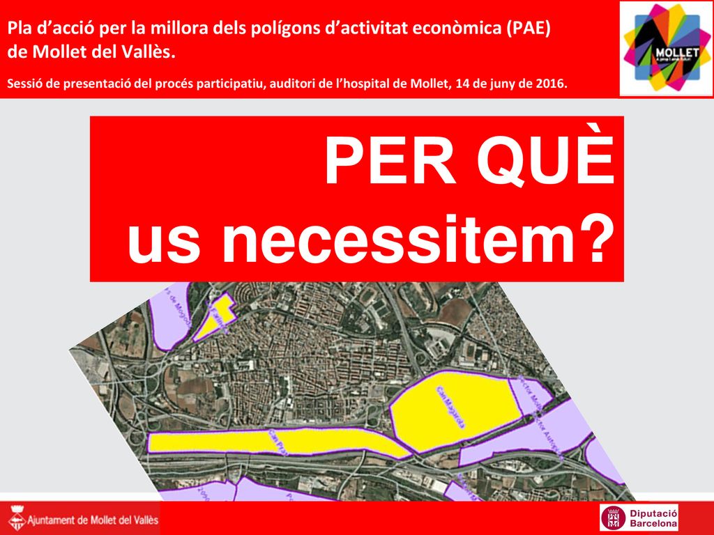 Pla d’acció per la millora dels polígons d’activitat econòmica (PAE) de Mollet del Vallès. Sessió de presentació del procés participatiu, auditori de l’hospital de Mollet, 14 de juny de 2016.