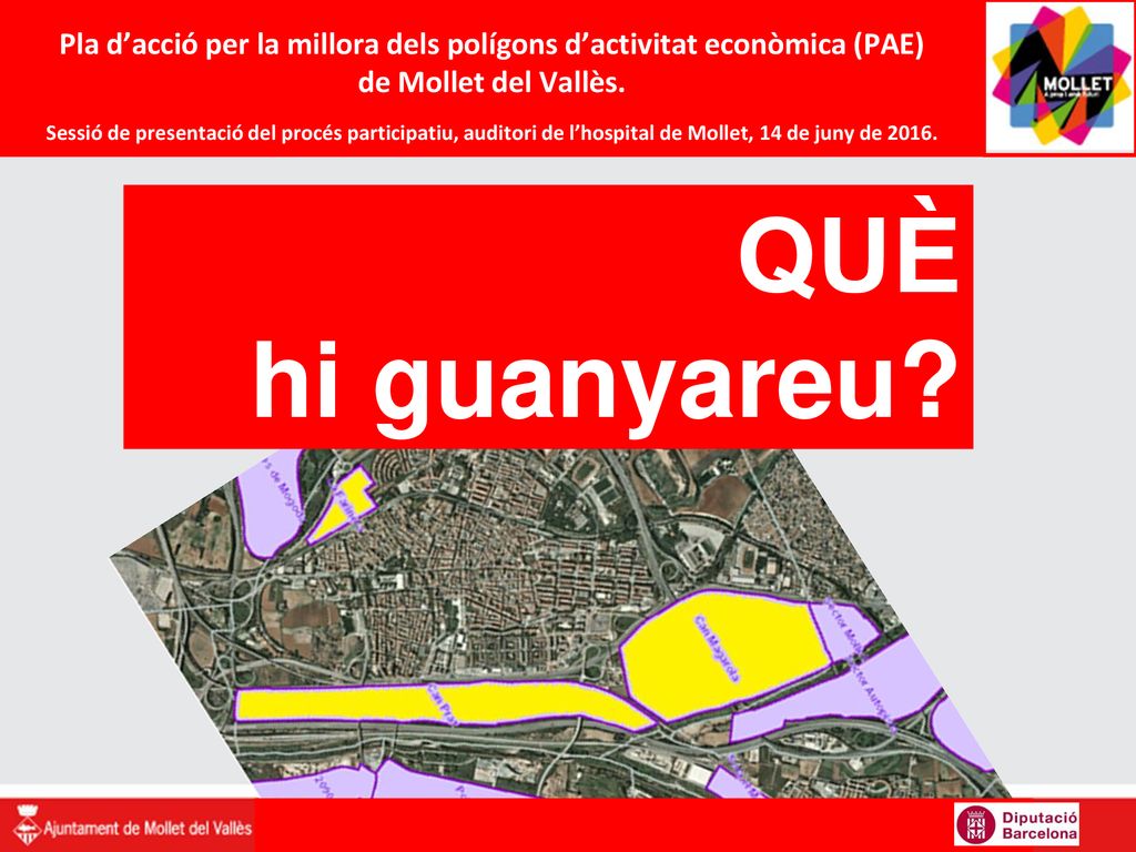 Pla d’acció per la millora dels polígons d’activitat econòmica (PAE) de Mollet del Vallès. Sessió de presentació del procés participatiu, auditori de l’hospital de Mollet, 14 de juny de 2016.