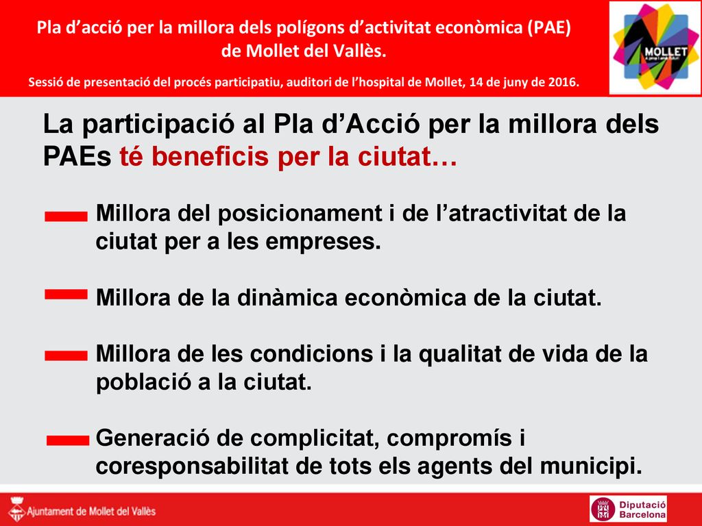 Pla d’acció per la millora dels polígons d’activitat econòmica (PAE) de Mollet del Vallès. Sessió de presentació del procés participatiu, auditori de l’hospital de Mollet, 14 de juny de 2016.