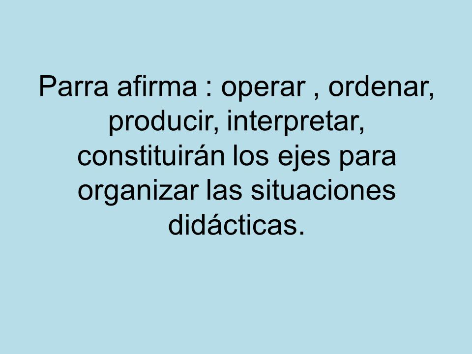 Parra afirma : operar , ordenar, producir, interpretar, constituirán los ejes para organizar las situaciones didácticas.