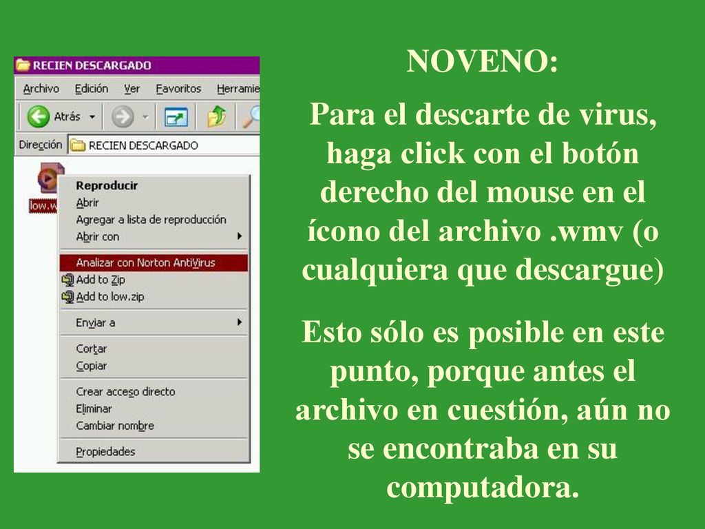 NOVENO: Para el descarte de virus, haga click con el botón derecho del mouse en el ícono del archivo .wmv (o cualquiera que descargue)