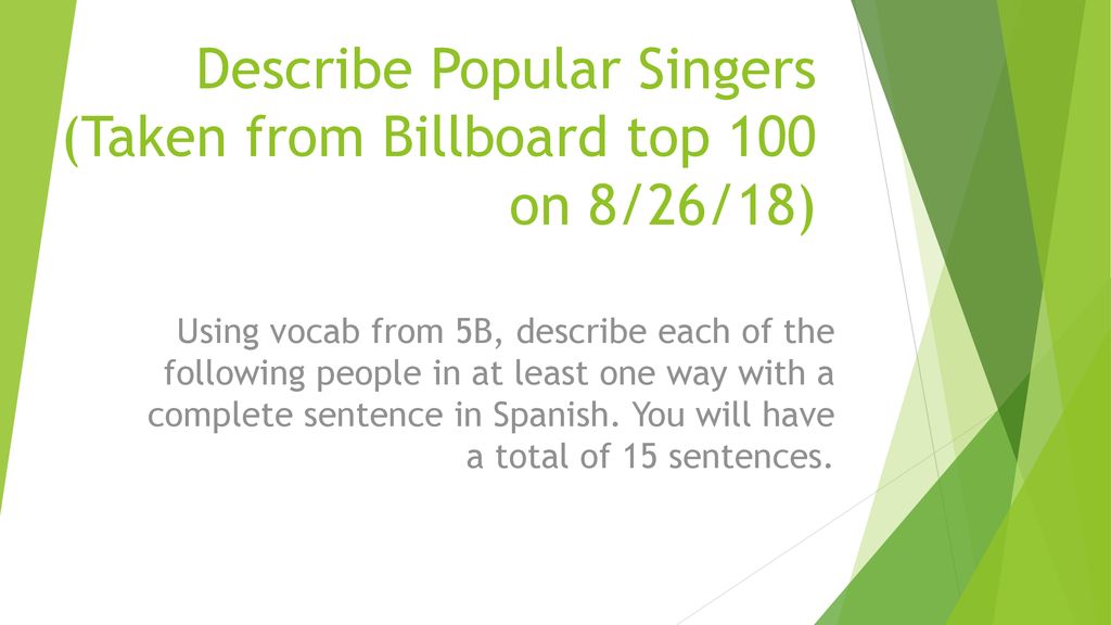 Describe Popular Singers (Taken from Billboard top 100 on 8/26/18)