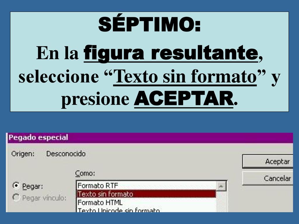 SÉPTIMO: En la figura resultante, seleccione Texto sin formato y presione ACEPTAR.