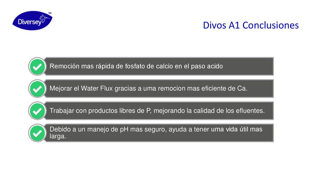 Divos A1 Conclusiones Remoción mas rápida de fosfato de calcio en el paso acido. Mejorar el Water Flux gracias a uma remocion mas eficiente de Ca.