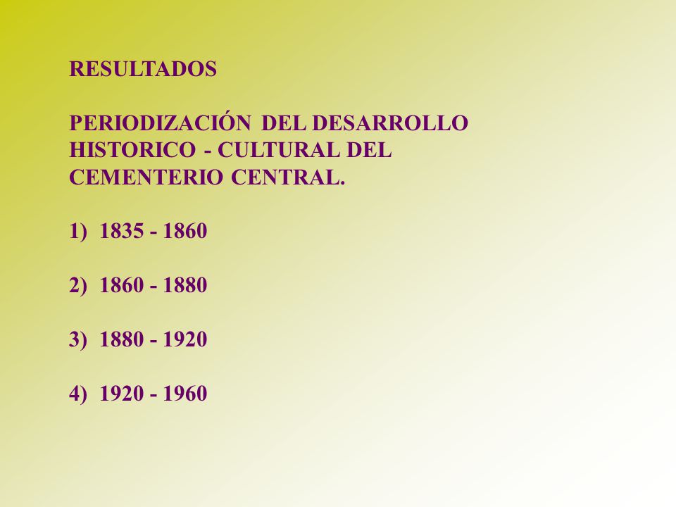 RESULTADOS PERIODIZACIÓN DEL DESARROLLO. HISTORICO - CULTURAL DEL. CEMENTERIO CENTRAL. 1)