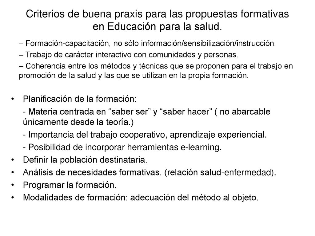 Criterios de buena praxis para las propuestas formativas en Educación para la salud.