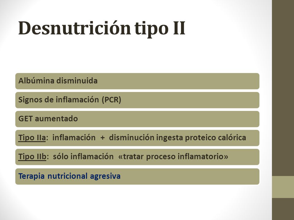 Desnutrición tipo II Albúmina disminuida Signos de inflamación (PCR)