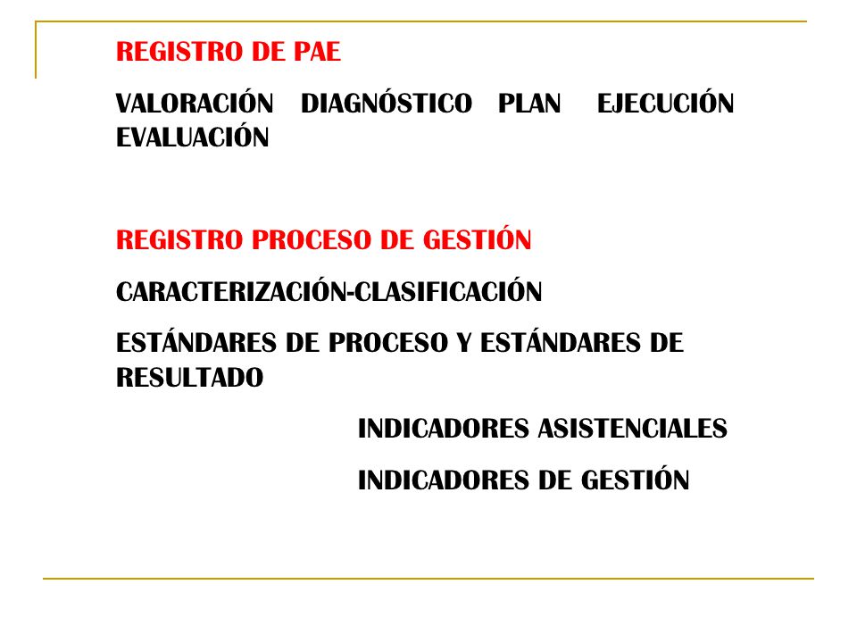 REGISTRO DE PAE VALORACIÓN DIAGNÓSTICO PLAN EJECUCIÓN EVALUACIÓN. REGISTRO PROCESO DE GESTIÓN.