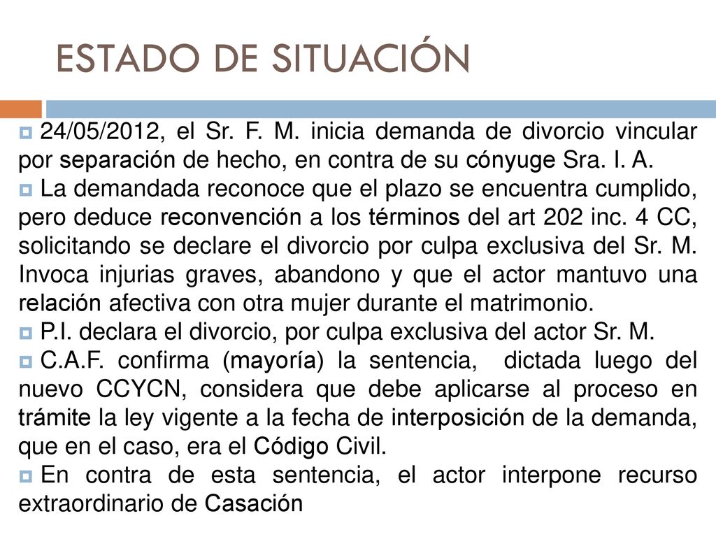 ESTADO DE SITUACIÓN 24/05/2012, el Sr. F. M. inicia demanda de divorcio vincular por separación de hecho, en contra de su cónyuge Sra. I. A.