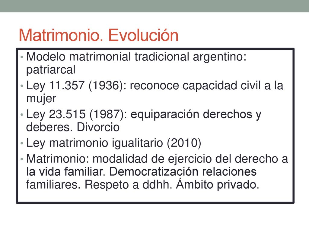 Matrimonio. Evolución Modelo matrimonial tradicional argentino: patriarcal. Ley (1936): reconoce capacidad civil a la mujer.