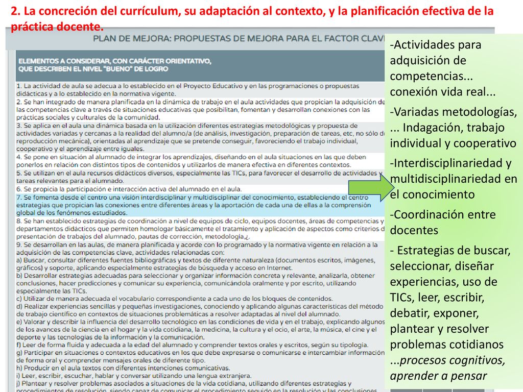 2. La concreción del currículum, su adaptación al contexto, y la planificación efectiva de la práctica docente.