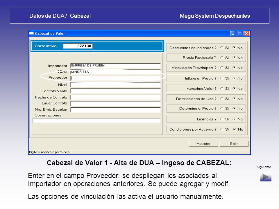 Datos de DUA / Cabezal Mega System Despachantes