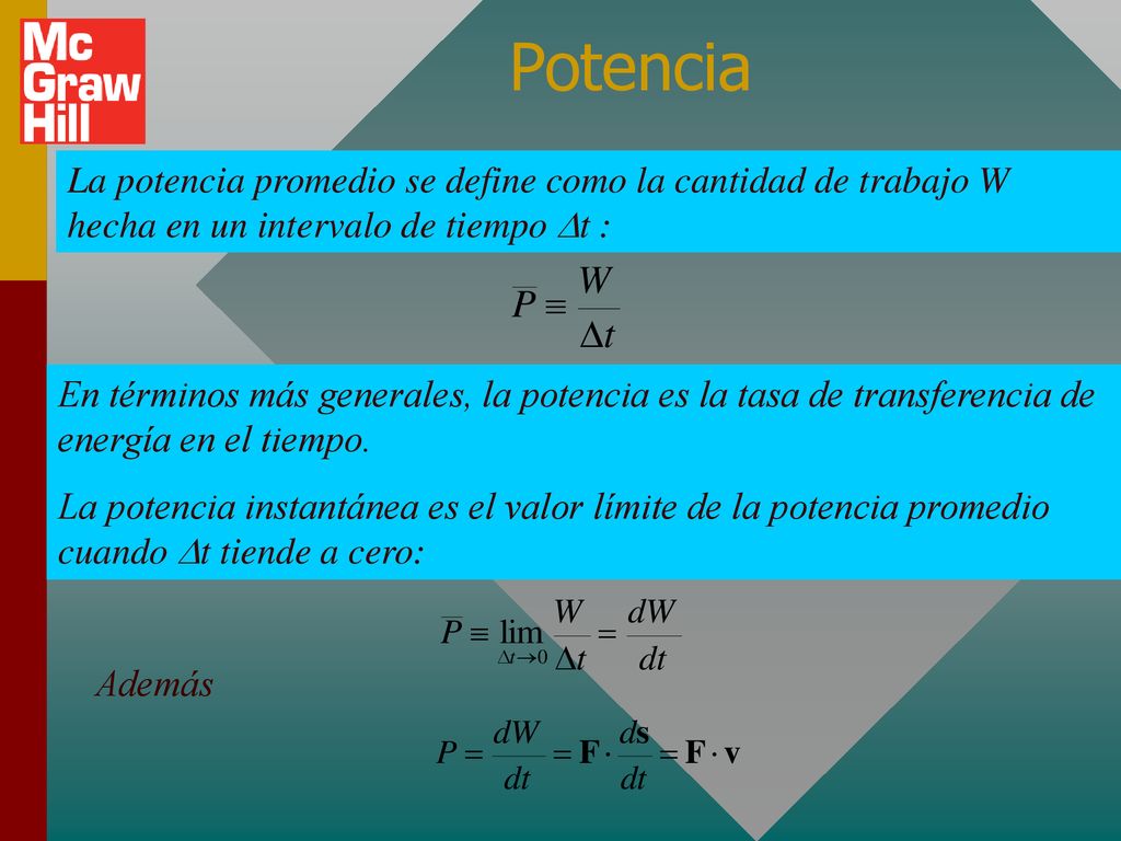 Potencia La potencia promedio se define como la cantidad de trabajo W hecha en un intervalo de tiempo Dt :