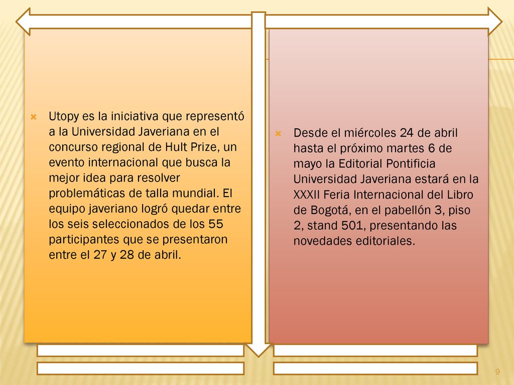 Utopy es la iniciativa que representó a la Universidad Javeriana en el concurso regional de Hult Prize, un evento internacional que busca la mejor idea para resolver problemáticas de talla mundial. El equipo javeriano logró quedar entre los seis seleccionados de los 55 participantes que se presentaron entre el 27 y 28 de abril.