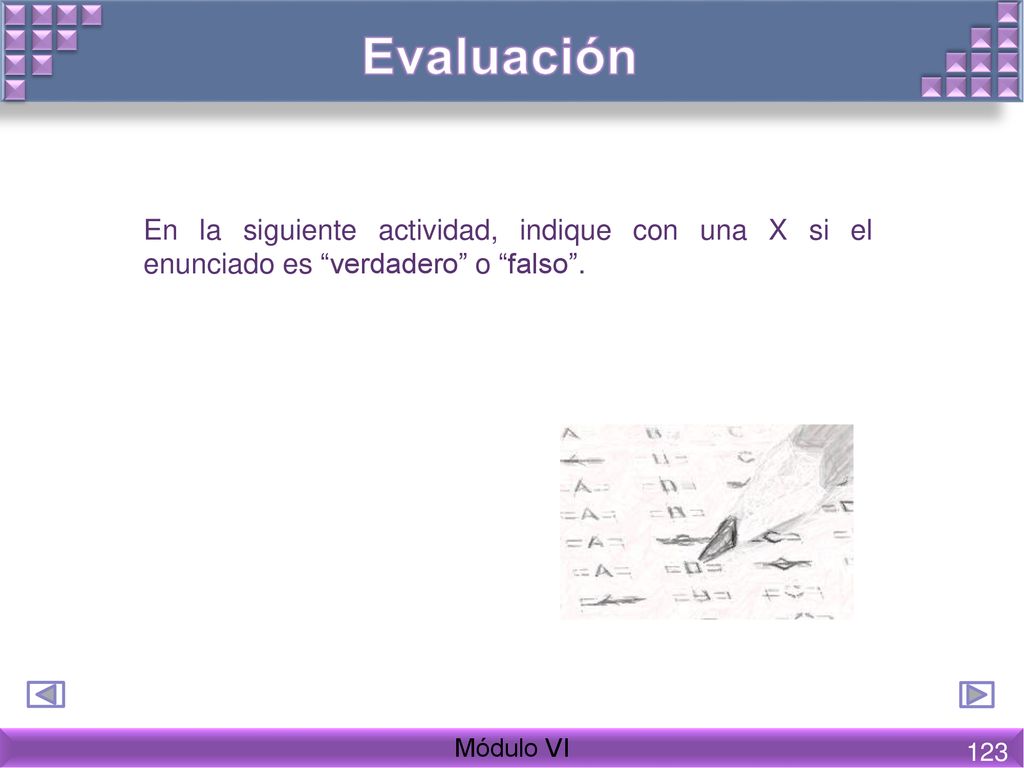 Evaluación En la siguiente actividad, indique con una X si el enunciado es verdadero o falso . Módulo VI.