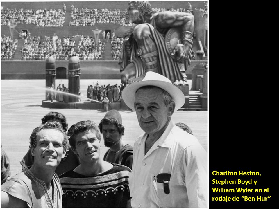 Charlton Heston, Stephen Boyd y William Wyler en el rodaje de Ben Hur