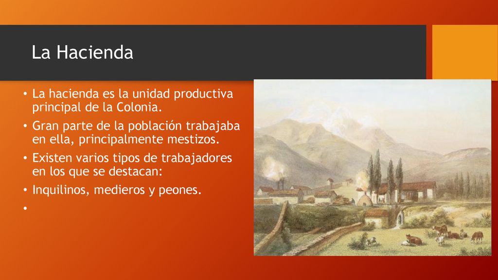 La Hacienda La hacienda es la unidad productiva principal de la Colonia. Gran parte de la población trabajaba en ella, principalmente mestizos.