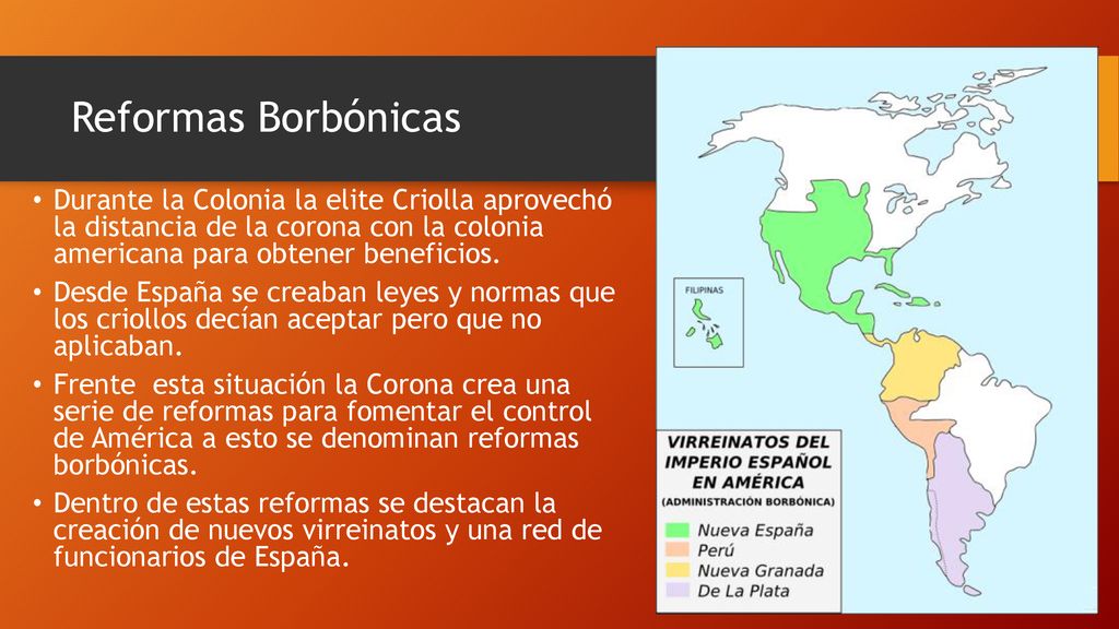 Reformas Borbónicas Durante la Colonia la elite Criolla aprovechó la distancia de la corona con la colonia americana para obtener beneficios.