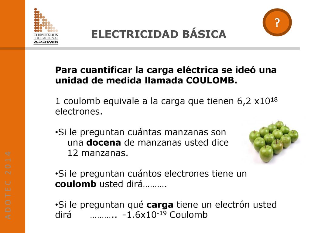 A D O T E C ELECTRICIDAD BÁSICA. Para cuantificar la carga eléctrica se ideó una unidad de medida llamada COULOMB.